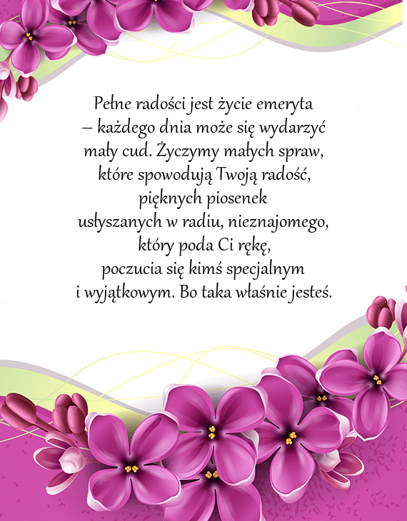 Kartka z fioletowymi kwiatami i życzeniami dla emerytki